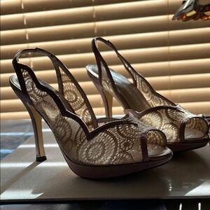 Caparros 6 1/2” Cream and Brown Lace Slingback Heels